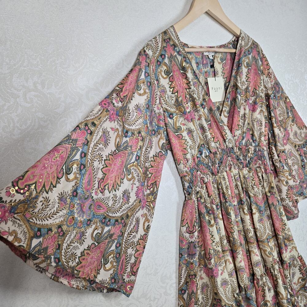 Paani Dress L Pink Paisley Smocked Bell Sleeve Boho Glam Ruffle - Picture 2 of 13
